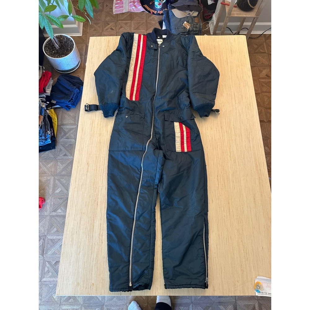 Walls Zero-Zone Insulated Coveralls Mens Large Navy Blue Red Stripe Snow Suit 25